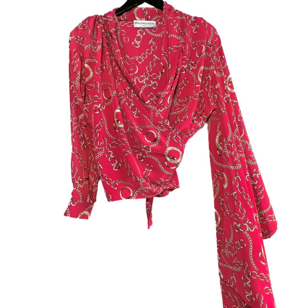 Balenciaga FW 2017 Red Chain Print Wrap Silk Kimono Blouse